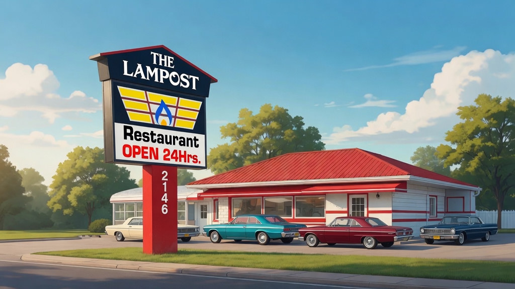 The Lampost classic diner with vintage cars parked out front on East Market Street in Ellet, Akron